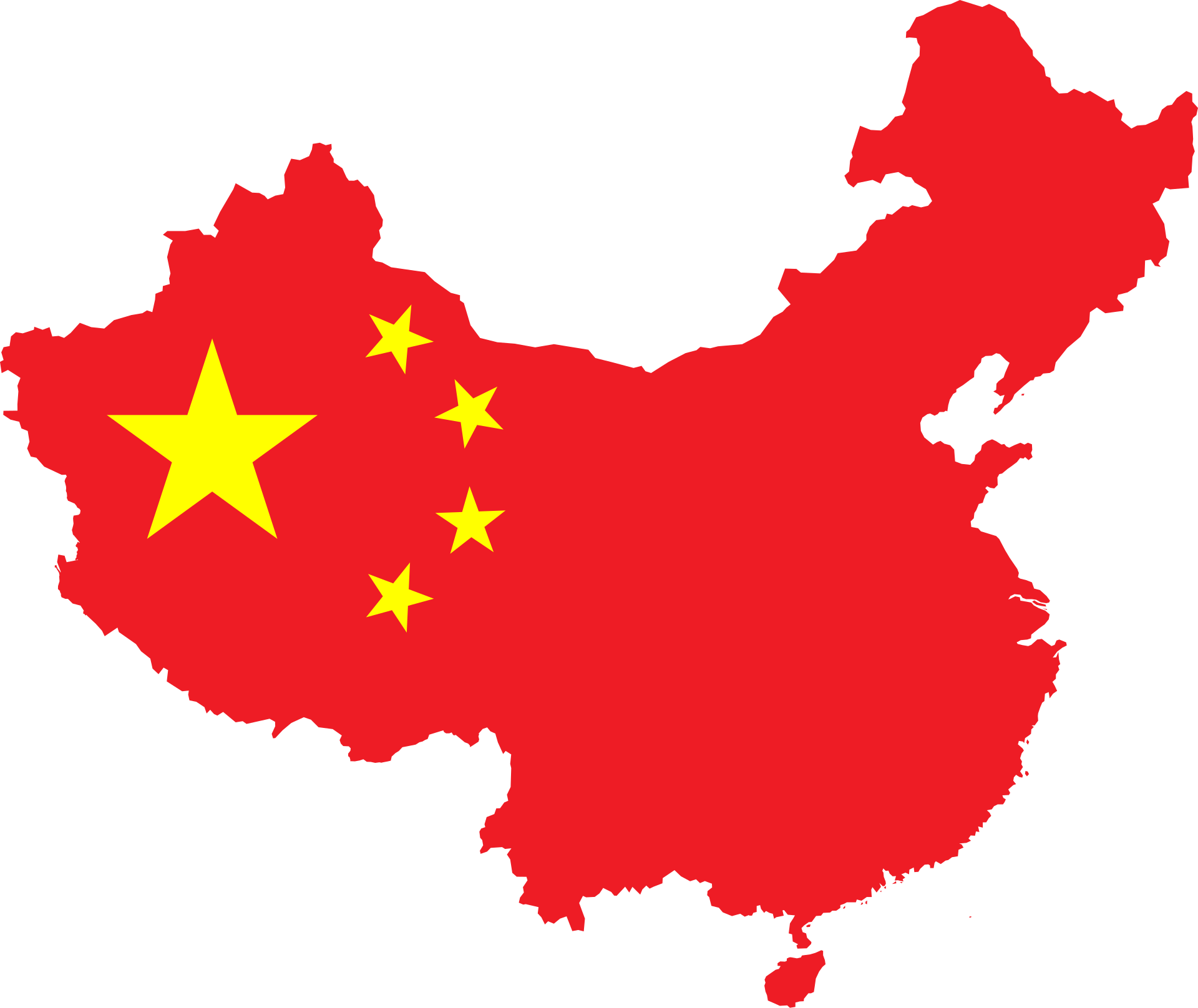 Map of China illustrated in the colors of the Chinese flag