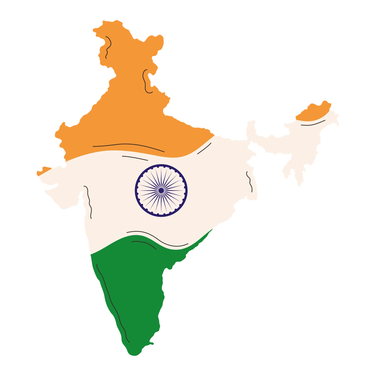 Map of India illustrated in the colors of the Indian flag